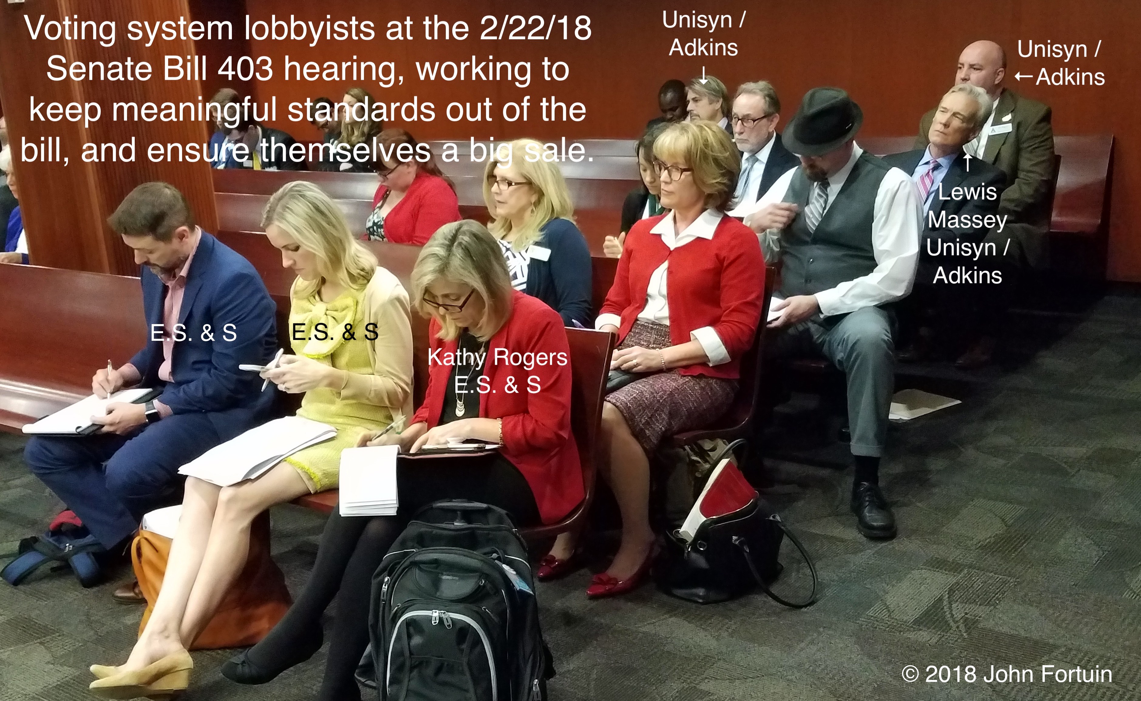 Voting systems lobbyists at the 2/22/18 Senate Bill 403 hearing, working to keep meaningful standards out of the bill, and ensure themselves a big sale.